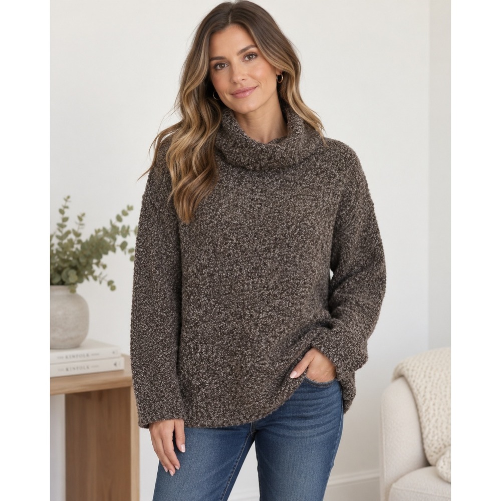NWT Haven Well Within Wool Blend Boucle Sweater Womens Brown Cowl Neck Cozy